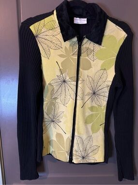 Vintage Robert Kitchen Black & Green Leaf Zip-Front Cardigan - Made in Canada